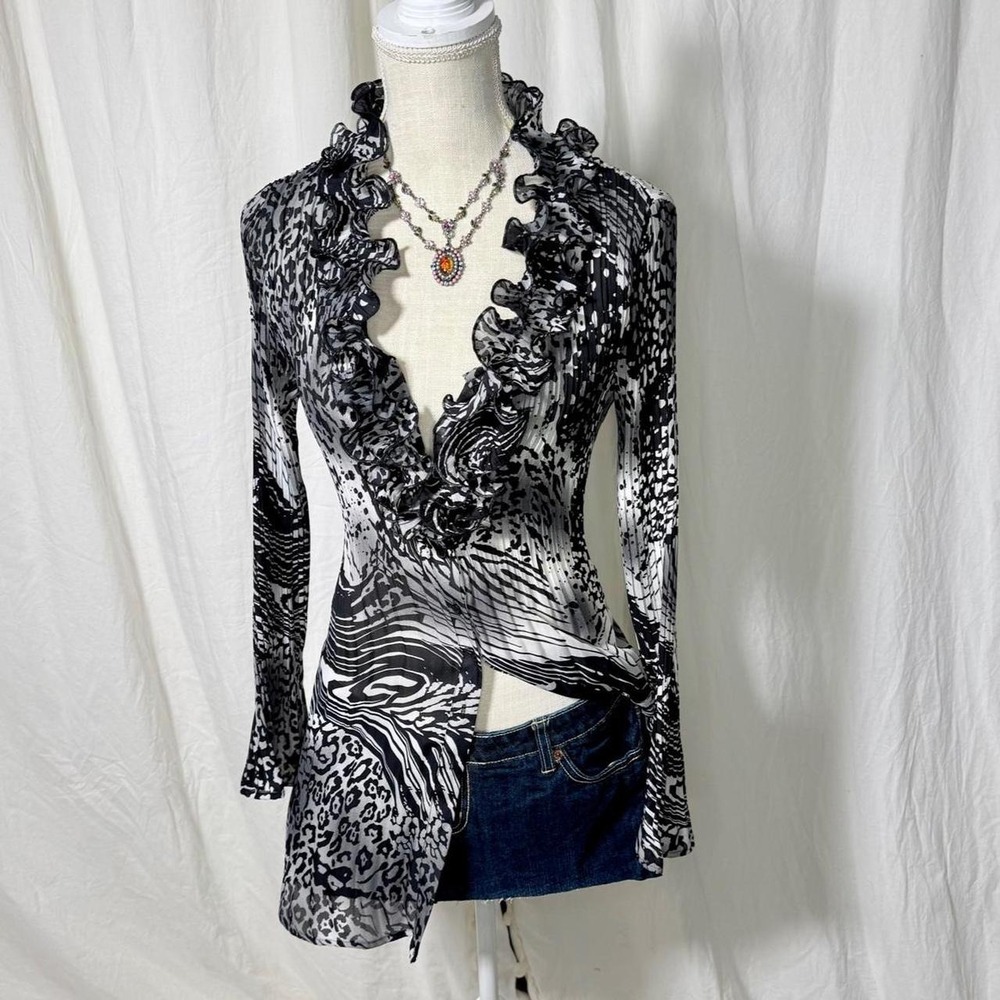 Sunny Leigh Black & Gray Ruffle Sheer Tunic Blouse Size M